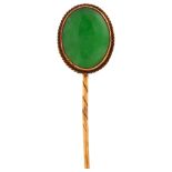 A Chinese 18ct gold jadeite jade stickpin, maker's marks ZW, set with oval cabochon jade of 3.5ct,