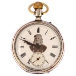 LONGINES - a Continental silver open-face keyless pocket watch, white enamel dial with printed