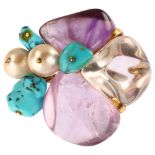 A French 18ct gold gem set brooch, maker's marks RS, set with rock crystal quartz amethyst turquoise