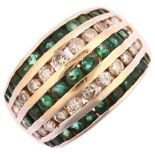 A late 20th century 14ct white gold emerald and diamond bombe ring, maker R&N, channel set with