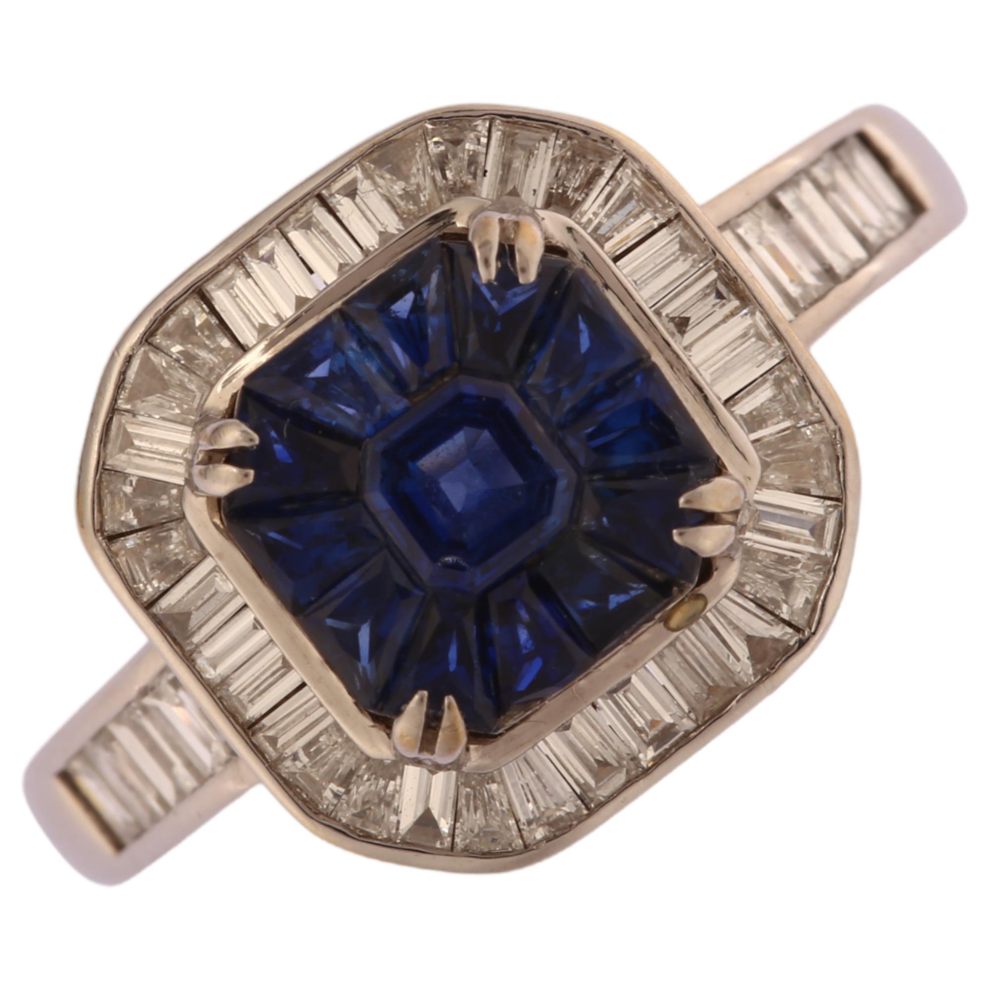An Art Deco style 18ct white gold sapphire and diamond halo cluster ring, set with octagonal and