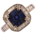 An Art Deco style 18ct white gold sapphire and diamond halo cluster ring, set with octagonal and