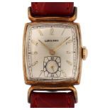 LONGINES - a 10k gold filled mechanical wristwatch, circa 1940s, silvered cushion-shaped dial with