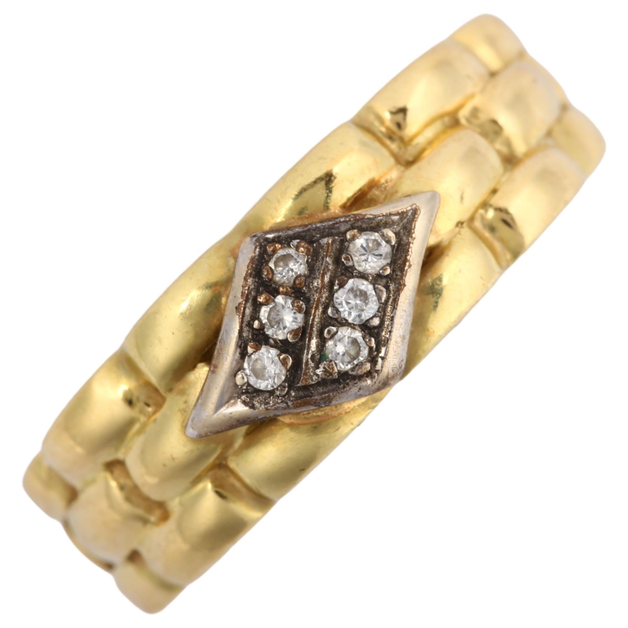 A mid-20th century 18ct gold diamond band ring, gatelink design shoulders set with modern round