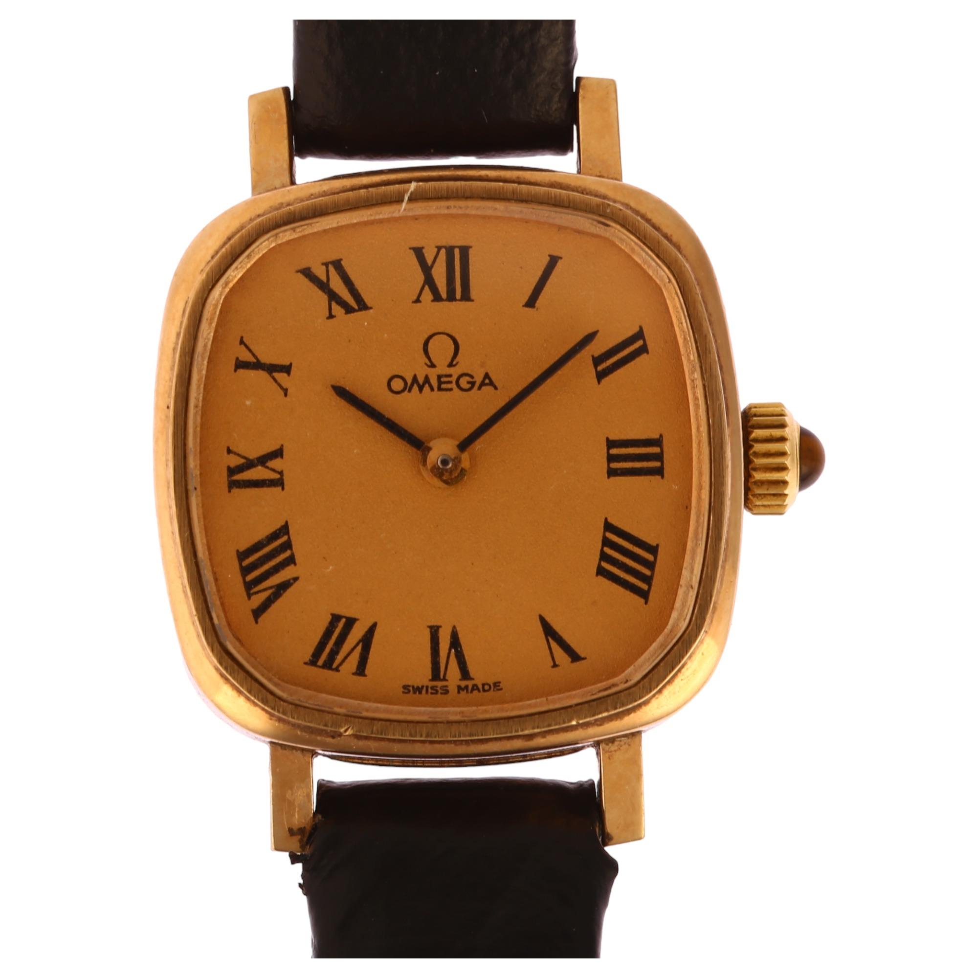 OMEGA - a late-20th century lady's 9ct gold mechanical wristwatch, circa 1979, champagne dial with