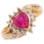 A modern 9ct gold ruby and diamond heart cluster ring, maker HG Ltd, set with heart-cut ruby and