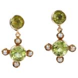 A pair of Edwardian 9ct gold peridot and pearl drop earrings, in quatrefoil form with stud fittings,