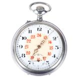 A stainless steel open-face keyless pocket watch, by Thiel, white enamel dial with Arabic