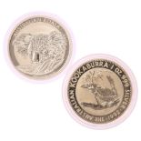 2 x Elizabeth II Australia 1oz fine silver one dollar coins, comprising kookaburra 1992, and koala