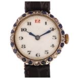 An early 20th century lady's 9ct rose gold and silver sapphire and diamond mechanical wristwatch,
