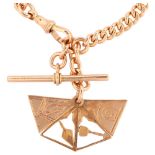 An Antique 9ct rose gold curb link Albert chain bracelet, with 9ct Masonic fan fob, T-bar and dog