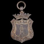 An Antique silver boxing shield fob medal, with engraved decoration surmounted by a crown, 48.1mm,