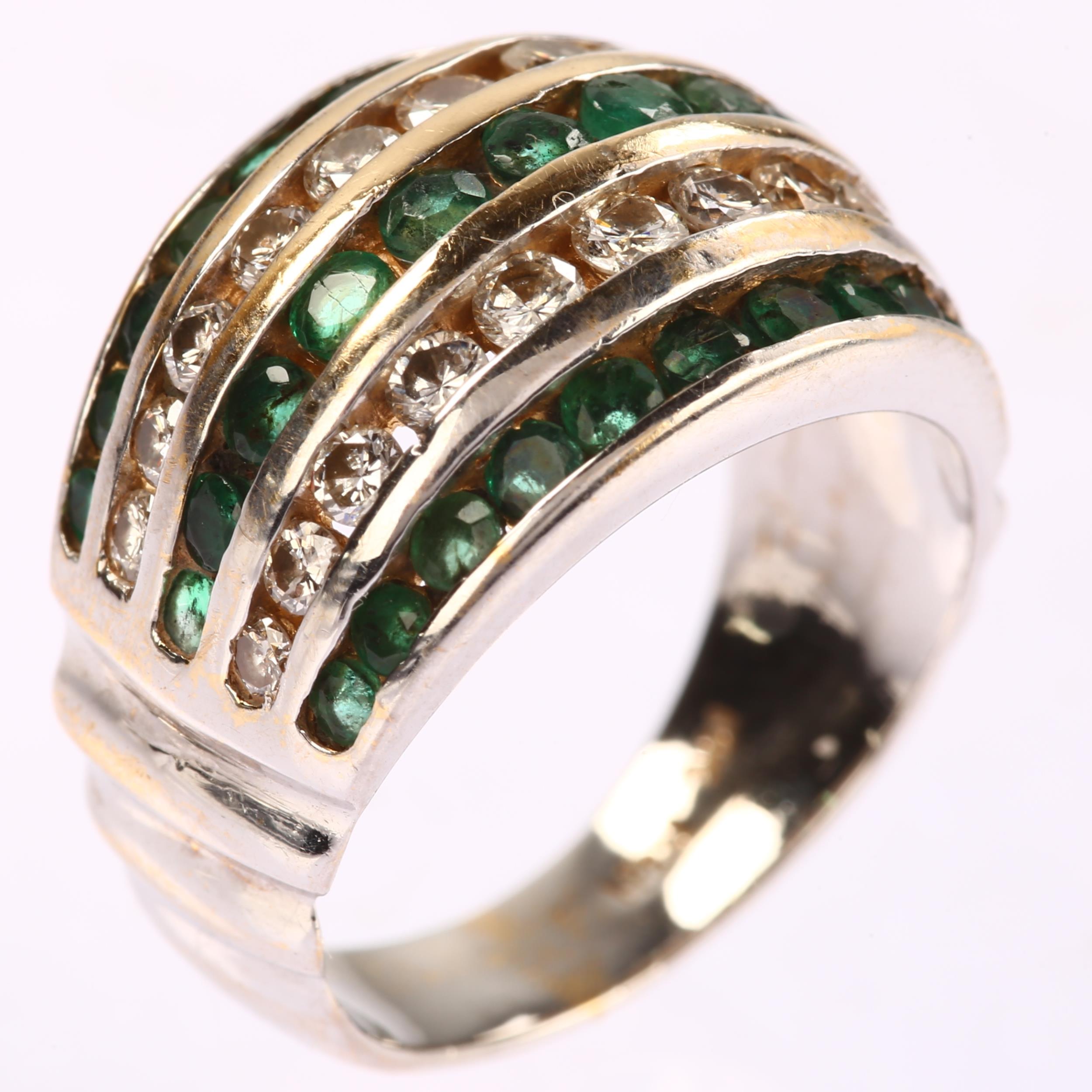 A late 20th century 14ct white gold emerald and diamond bombe ring, maker R&N, channel set with - Image 2 of 4