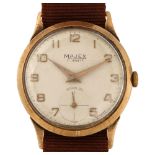 MAJEX - a 9ct gold mechanical wristwatch, circa 1960s, silvered dial with applied gilt Arabic