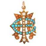 A Victorian coral turquoise and pearl monogram pendant, unmarked gold settings with monogram MEI,