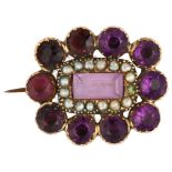 A Georgian amethyst and pearl cluster memorial brooch, circa 1810, unmarked gold closed-back