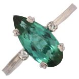 A modern 18ct white gold green tourmaline and diamond ring, set with long pear-cut tourmaline and