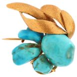 A mid-20th century French 18ct gold turquoise abstract brooch, by Ricard, the gold feather