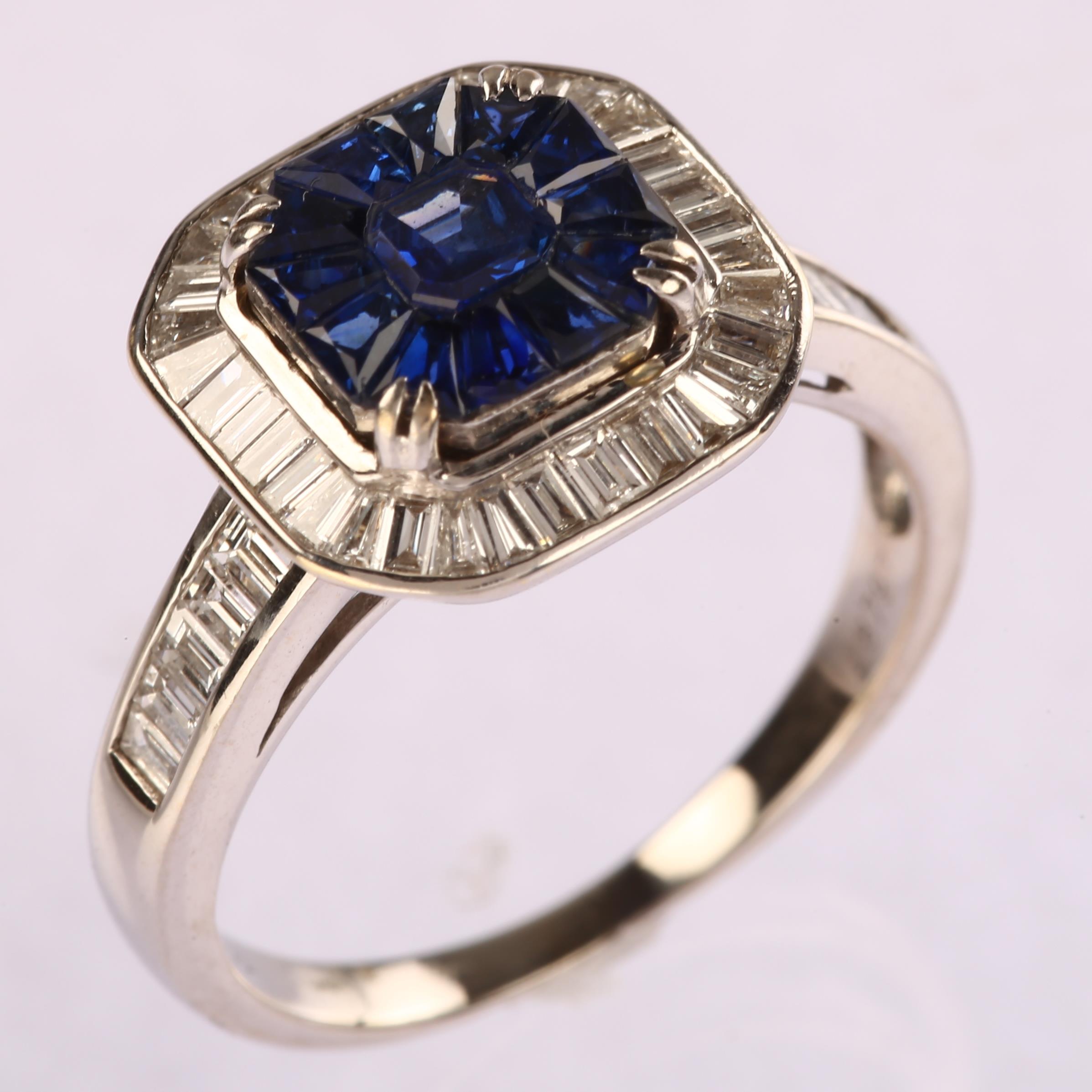 An Art Deco style 18ct white gold sapphire and diamond halo cluster ring, set with octagonal and - Image 2 of 4
