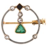 A French Art Deco emerald onyx and diamond circular openwork brooch, gold settings with triangular