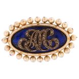 An Antique diamond pearl and enamel brooch, unmarked gold closed-back settings in oval form,
