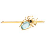 An Edwardian sapphire and blue topaz figural spider bar brooch, circa 1910, unmarked yellow metal