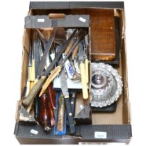 Various plated cutlery, carving knives, table centre etc (boxful)