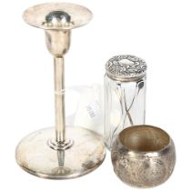 A modern 925 silver single candlestick, an Indian white metal napkin ring, and an Art Nouveau