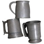 A pewter charger, 42cm, 3 pewter mugs etc