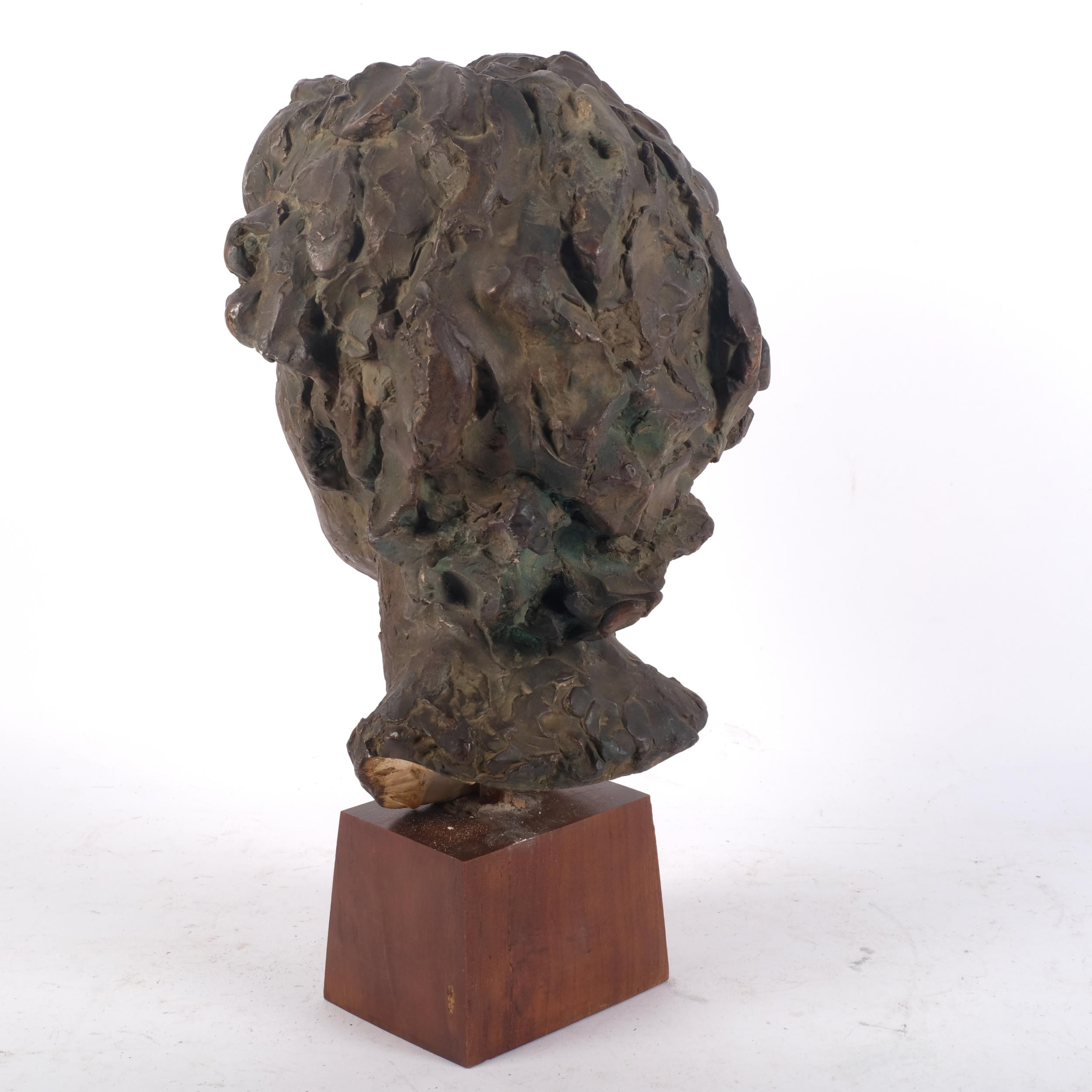 A bronze-effect female plaster bust, on wooden plinth, H34cm - Image 2 of 2