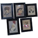 A set of 5 portraits of dogs as Lord Mayor, City Marshall, etc, signed with monogram, and P C Smith,