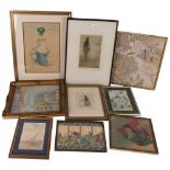 Stylised painting on board of Paris, gilt frame, 30cm x 36cm, various watercolours and prints, and