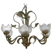 A 6-branch metal chandelier with glass tulip style shades, drop approx 50cm