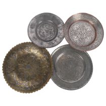 A group of 4 Islamic trays, including Cairo Ware, and copper etc, widest 34cm