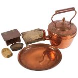Antique copper kettle, H24cm, 1914 brass snuff/tobacco box, and another, 2 decorative boxes, vase