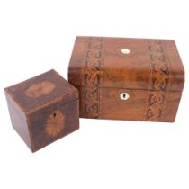 19th century burr-walnut and marquetry decorated tea caddy with fitted inner lid, and a Victorian