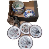 A Chinese enamelled jar and cover, terracotta warriors and Staffordshire chinoiserie plates