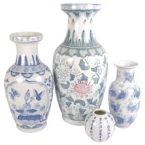 A group of 3 Chinese porcelain baluster vases (1 cracked), and a ginger jar with 4 character mark,