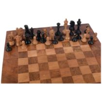 A Vintage turned wood chess set, King height 9.5cm, in games box