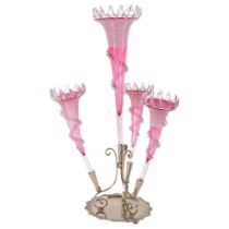 A cranberry glass and silver plated table epergne, with 4 shaped trumpets, H58cm Good overall