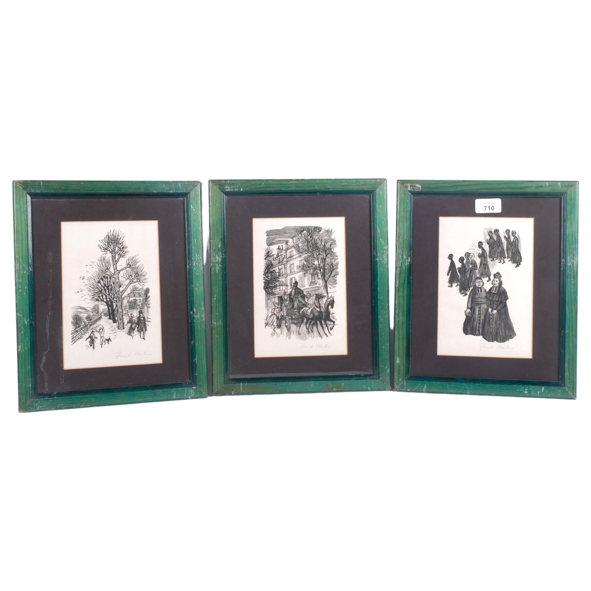 Frank Martin, 3 framed wood-cut engravings, scenes depicting a horse-drawn carriage, religious group