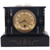 An Antique engraved slate and marble-cased mantel clock, with pendulum and key, H20.5cm