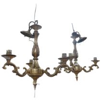 A pair of small 3-branch brass chandeliers, 33cm across