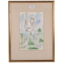 Pencil and watercolour study of a cricketer, signed Tim, framed, 51cm x 39cm overall