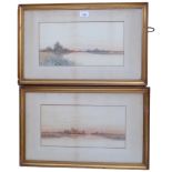 F G Frazer, pair of watercolour landscapes, gilt frames, signed, 35cm x 55cm overall