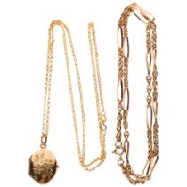 A 9ct gold figaro necklace, 9.8g, and a delicate 9ct gold rolo necklace, 1.2g, and a gold plated