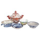A Japanese Kutani dish and cover, a Chinese blue and white bowl, dishes etc All pieces in good but