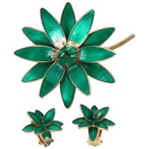 A pair of Norwegian silver-gilt and green enamel flowerhead clip-on earrings, and a matching brooch,