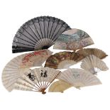 A group of 9 Vintage fans, including 1 with silver engraved sticks and lace trimmed floral screen,