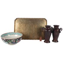 A pair of Japanese patinated bronze vases, with hawk and blossom design, 20.5cm, a brass tea tray, a